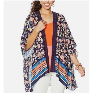 Colleen Lopez Navy Blue Kimono Topper Cover Up Crochet Inset Detail Sz XL/1X